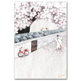 ワタナベサチコ・水彩イラストポストカード「桜と白壁」