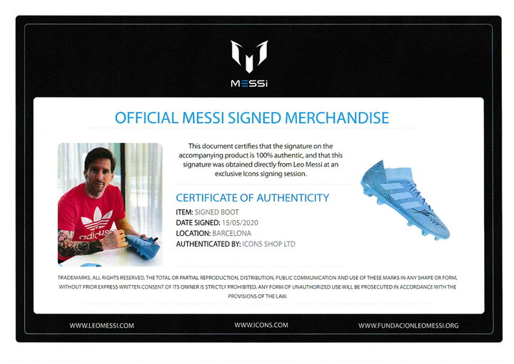 楽天市場 リオネル メッシ 直筆サイン入りスパイク Lionel Messi Official Signed Blue Adidas Nemeziz Messi 18 1 Boot カードファナティック