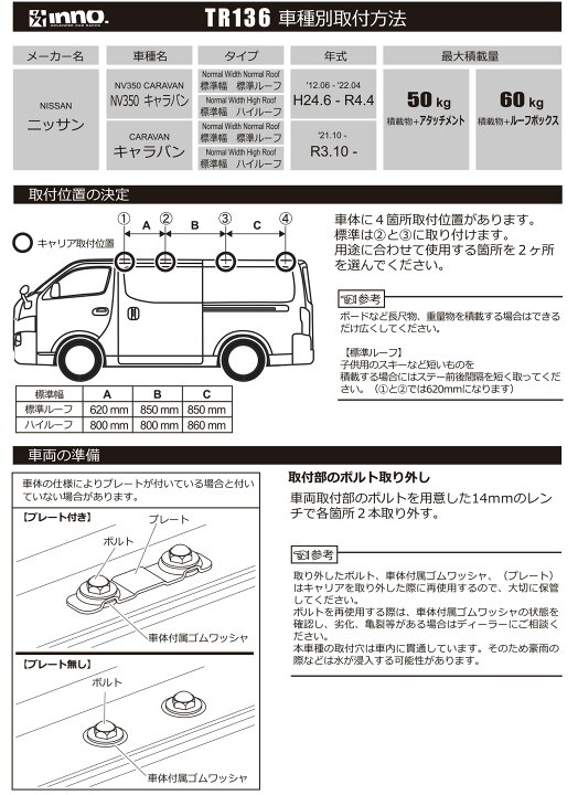 楽天市場】車 キャリア 取付フック イノー TR136 ニッサン キャラバン 