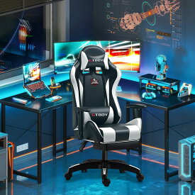 GTBoy ゲーミングチェア gaming chair PCゲーミングチェア ゲーム用チェア デスク pcチェア 椅子 テレワーク 140°リクライニング ゲームチェア ハイバック イス テレワーク【安心の非再生ウレタン採用】 (オットマン付き, 白と黒)