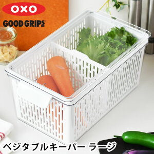野菜ストッカー オクソー ベジタブルキーパー ラージ 冷蔵庫収納 保存容器 ザル付き バスケット 仕切り付き コランダー 四角 角型 フードキーパー キッチン用品 OXO プラスチック グリーンセ