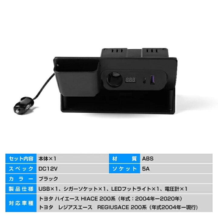 ハイエース コンソール 200系 100v 12vシガー USB-A 電圧計装備（楽天 