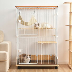 【5年保証】猫 キャットケージ 木製 二段 三段 ナチュラル キャスター付 キャットハウス 留守番 保護 脱走防止 多頭飼い スチール ペット用品 猫用品