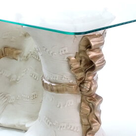 イタリア製 陶器 ガラス天板 テーブル ネオクラシック ムジカ 楽譜デザイン ガラス センターテーブル アンティーク調 白 金 ガラス ホワイト ゴールド 高さ45cm tyl-03