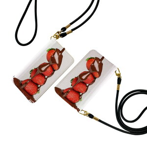 Galaxy S22 SC-51C / SCG13 共通対応 ストラップ付き sc51c ケース ショルダー スマホ 落下防止 手帳型 マグネット式 ピタッと閉まる スマホカバー 肩掛け 斜めかけ 001061 チョコレート イチゴ