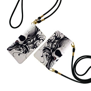 らくらくスマートフォン F-53E 用 手帳型ケース f53e ケース ストラップ付き ショルダー スマホ 落下防止 手帳型 マグネット式 ピタッと閉まる スマホカバー 肩掛け 斜めかけ 033804 骸骨 白黒