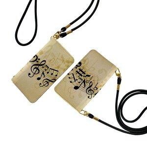 らくらくスマートフォン F-53E 用 手帳型ケース f53e ケース ストラップ付き ショルダー スマホ 落下防止 手帳型 マグネット式 ピタッと閉まる スマホカバー 肩掛け 斜めかけ 008034 音符 楽譜