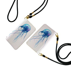 AQUOS wish5 用 SH-52F / SH-M32 共通対応 手帳型ケース ストラップ付き ショルダー sh52f スマホ 落下防止 手帳型 マグネット式 ピタッと閉まる スマホカバー 肩掛け 斜めかけ 010932 海 くらげ 青
