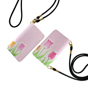 Xperia Ace III SO-53C SOG08 共通対応 ストラップ付き so53c ケース ショルダー スマホ 落下防止 手帳型 マグネット式 ピタッと閉まる スマホカバー 肩掛け 斜めかけ 014938 花 チューリップ 春