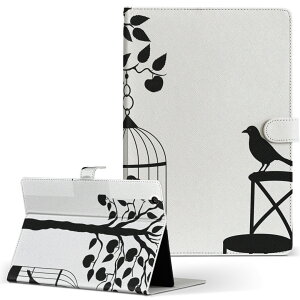 dtab d-51c 用 タブレットケース docomo ドコモ Lサイズ 手帳型 タブレットケース カバー マグネット式 レザー フリップ ダイアリー 二つ折り 革 薄型 軽量 009648 植物 鳥 モノクロ