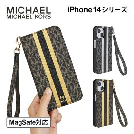 【正規代理店】 マイケルコース iPhone14 14pro 14plus ケース MagSafe対応 MICHAEL KORS Folio Case Stripe With Hand Strap スマホケース ブランド カバー アイフォン 大人 女性 レディース 手帳型ケース