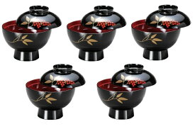 5客揃　会津漆器　黒内朱 雑煮椀 梨地南天＜お正月　迎春 結婚　お屠蘇　おせち　お祝い事　懐石＞