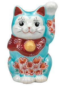 日本の伝統工芸品【九谷焼】3.3号招き猫 トルコブルー釉桜