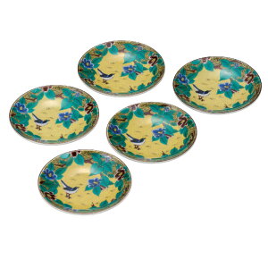 日本の伝統工芸品【九谷焼】3.2号皿揃 吉田屋椿に鳥 (5枚組)