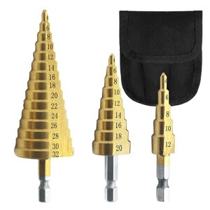 【送料無料】XSAJU ステップドリル 六角軸 タケノコドリル チタンコーティング 3本 セット 薄い金属 木工用 専用ポーチ付き