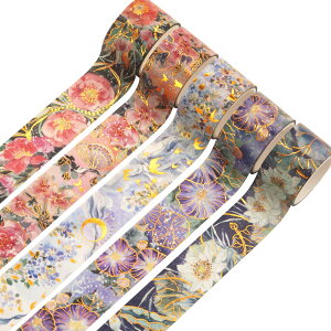 【送料無料】YUBBAEX 満開の花 マスキングテープ 豪華な 金箔押し 25mm幅 x 5巻 薄いです プレゼント包装、DIY工芸品、ノートの装飾に使える