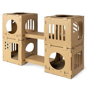 【送料無料】Navaris 猫 段ボール キャットタワー トンネル ベッド - つめとぎ ハウス キャットハウス 窓 組み立て - ネコ ウサギ 用