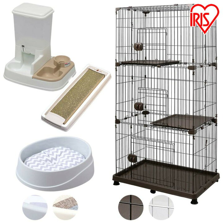 楽天市場 450円クーポン対象 4点セット 猫 ケージ スターターセット ペット用自動給餌器 キャットケージ 3段 ペットベッド 爪とぎスリムキャットケージ スターターセット 猫ケージ 3段 大型 4点セット 猫 ゲージ アイリスオーヤマ キャットランド