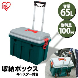 コンテナボックス 65L 持ち手付き 蓋付きRVキャリー650 送料無料 グレー/ダークグリーン[RVBOX アウトドア レジャー キャンプ ガレージRV-BOX カート キャスター CARRY 伸縮ハンドル 夏 持ち運び 海 山 BBQ アイリスオーヤマ]ペット 防災 避難【RUP】[2406SO]