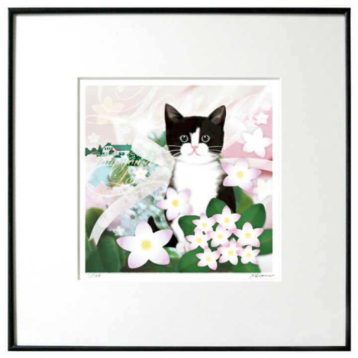 楽天市場 猫夢アート版画 メイフラワー 白黒猫 アートパネル 猫 猫アート 額 版画 送料無料 Catelier キャットリエ