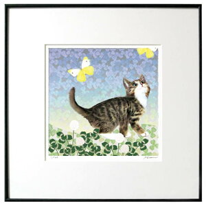猫夢アート版画花と猫シリーズ 「クローバー猫」キジトラ【猫 アートフレーム】【額入り版画】【送料無料】