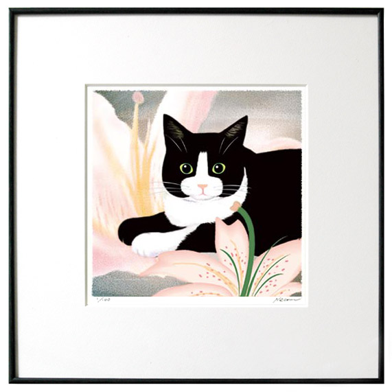 授与 可愛い猫と花シリーズ版画 百合と黒白猫 出色 猫夢アート版画花と猫シリーズ 百合猫 白黒ハチワレ 送料無料 版画 額 猫アート