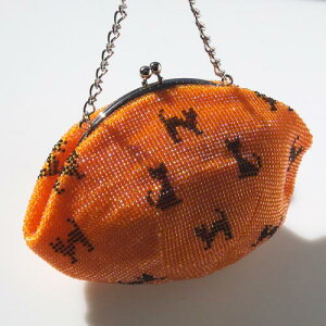 猫柄 ビーズ編みポーチ(オレンジ)【ハンドメイド】