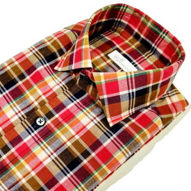 【セール50】CAMESSI(カメッシ) Made in INDIA 高品質メンズシャツ ワイドカラー メンズ CA211502 ピンクxオレンジxブラウン他 マドラスチェック コットン100% インド製