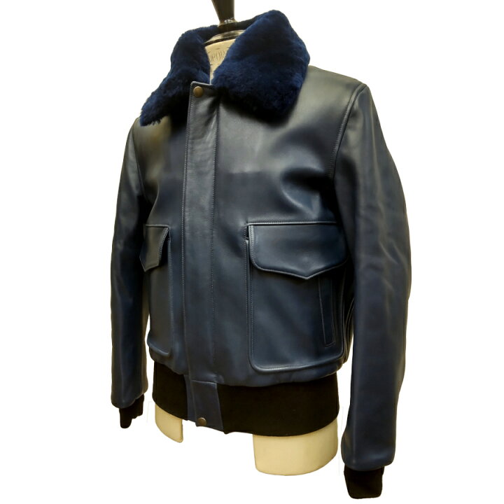 フランス製】CHAPAL レザージャケット 青 M 羊革 着脱式フード 