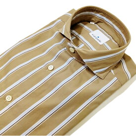 【セール50】GIAMPAOLO(ジャンパオロ) イタリア製 ホリゾンタルカラー シャツ メンズ GI311009-60(78) ベージュ地xライトブルー＋ブラウン ストライプ柄 綿混 ストレッチ生地