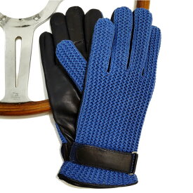 MEROLA GLOVES（メローラ）イタリア製 ドライビング グローブ メンズ ME429006-88 ネイビー 羊革xブルー 綿メッシュ編み カシミヤニットのインナー 手袋 Driving Gloves ハンドメイド ローマ 映画衣装