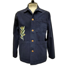 【セール50】OLOW（オロウ）カバーオール ワークジャケット メンズ OL514002-80 ネイビー コットンツイル お花の刺繍付き オーガニックコットン セシル・ジャイヤール