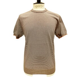 UMBERTO VALLATI（ウンベルト ヴァラッティ）イタリア製 半袖 ニットTシャツ メンズ VA513004-71 ブラウンxホワイト ボーダー柄 綿100% オーガニックコットン