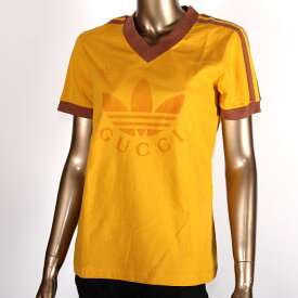 adidas x Gucci アディダス グッチ コラボ 限定 Tシャツ マスタードイエロー 693636 xjebz 7219 Mサイズ ロゴ トレフォイル ウェブ スリーストライプス 半袖 Vネック リンガー トップス カットソー レディース【新品/未使用/正規品】売れ筋