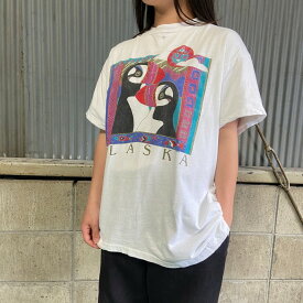 90年代 ALASKA ツノメドリ 鳥 IAAC アート プリントTシャツ メンズL 【古着】【中古】【SS2309】