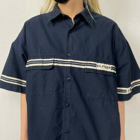 90年代 TOMMY HILFIGER トミーヒルフィガー ラインデザイン コットンシャツ メンズXL相当 【古着】【中古】【SS2309】【SS2406】