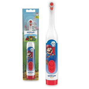 �X�s���u���V �q�ǂ��p�d�����u���V �X�[�p�[�}���I�f�U�C�� ���炩�� 3�Έȏ���� Super Mario Kids Spinbrush Electric Toothbrush, Battery Powered, Ages 3+, Soft Bristles �y�����񂹏��i�z