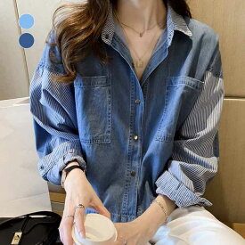デニムシャツ 長袖 ストライプ 切り替え 無地 ゆったり かわいい カジュアル トップス シャツ 羽織り ライトアウター レディース 韓国ファッション