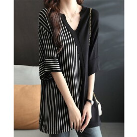 tシャツ レディース 夏 ストライプ柄 五分袖 トップス サマーニット プルオーバー 体型カバー Tシャツ