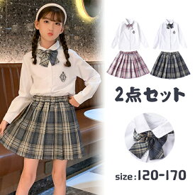 こども服 スクールウェア 学生服 長袖セーラー服 2点セット ミニスカート+長袖シャツ 上下同じ柄 女子用 蝶ネクタイ付き 無地 膝丈 プリーツスカート ギャザー ウエストゴム 春秋 女の子 ガールズ キッズ JK制服 中学校 高校生 チアダンス衣装 学園 発表会衣装 通学 入学式