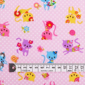 カラフル子猫のフラワーファッション(ピンク) ラミネート0.2mm生地 入園入学 入園準備 入学準備 入園グッズ 手作り 女の子