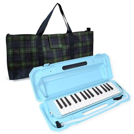 鍵盤ハーモニカ メロディピアノ ケースセット ライトブルー & タータンチェック ダークグリーン 子供用 ピアニカ バッグ 鍵盤ハーモニカ バッグ セット ショルダー 肩掛け 2WAY 撥水 軽量 入学 準備 男の子 小学生 小学校