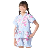 甚平 女の子 桜に水仙 水色 110-150cm ジュニア キッズ 子供 甚兵衛 ジンベイ ジンベエ じんべえ 綿100% …