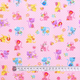 【ゆうパケット対応】カラフル子猫のフラワーファッション(ピンク) オックス生地 (布地タイプ) 入園入学 入園準備 入学準備 入園グッズ 手作り 女の子