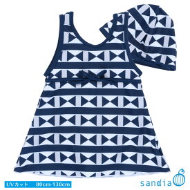 Sandia サンディア 子供水着 女の子 リボンプリント キャップ付きベビー水着 キッズ水着 水着 UVカット