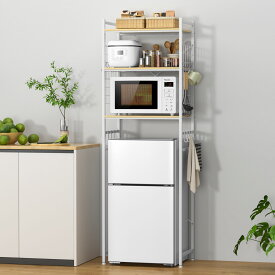 【期間限定クーポン配布中】冷蔵庫ラック 3段 レンジラック ゴミ箱上ラック 幅60×奥行40×高さ180cm 棚板高さ調節 幅60 11段調整 小型冷蔵庫対応 キッチンラック レンジ台 ゴミ箱 収納 食器棚 耐荷重45kg 家電/器具/キッチン用品収納 フック16個付 頑丈設計 スリム 組立品