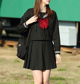 シダーエイト セーラー服 制服 3点セット (上着/スカート/リボン) 女子高生 JKコスプレ 本格的 形態安定 清潔感 黒 ブラック (半袖/長袖) コスチューム