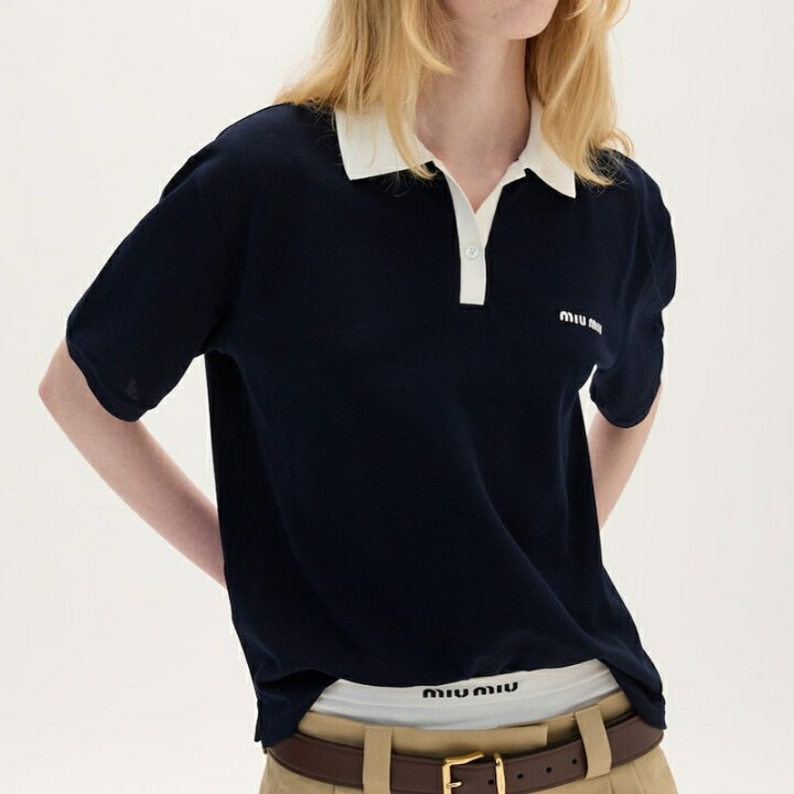 楽天市場】ミュウミュウ MIU MIU コットンピケ ポロシャツ【ネイビー  