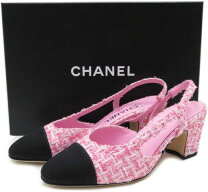 CHANEL ピンクアイボリー スリングバックヒール37 1/2 23.5
