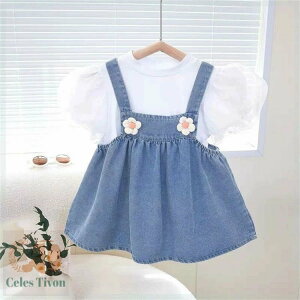ベビー ワンピース 夏 赤ちゃん ドレス 半袖 Tシャツ ジャンパースカート サロペット スカート デニムワンピース ベビー服 子供服 セットアップ 2点セット キッズ 韓国子供服 上下セット 誕